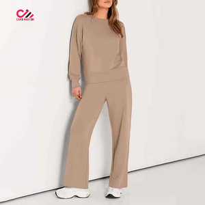 Ensemble de survêtement pour femmes, couleur unie, col rond, manches longues, coupe ample, pantalon à cordon de serrage, 100% coton, vêtements décontractés d'automne - Product Image 4
