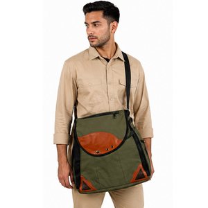High Quality Outdoor Canvas Shoulder Bag Olive Green With Brown Leather Accents Durable Design All Seasons Use Falconry Bag - Product Image 1