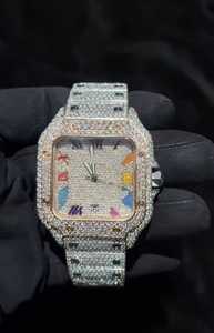 Montre analogique personnalisée entièrement blanche avec cadran romain serti de diamants Moissanite, fermoir caché en verre pour homme, acier inoxydable - Product Image 2