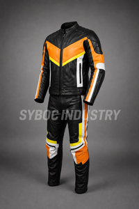 Blouson de sport en cuir pour homme, noir et orange, avec empiècements en peau d'agneau Chevron, col montant, fermeture éclair sur le devant, style course - Product Image 2