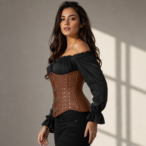 Faja Reductora de Cintura de Cuero Marrón para Mujer con Remaches Dorados y Cierre de Gancho y Ojo, Control Firme - Product Image 2