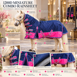 Couverture imperméable et respirante pour cheval miniature 1200D |   Couverture de cheval intégrale en ripstop bleu marine et rose - Product Image 5