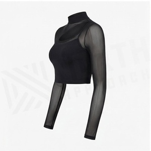 Haut court à col roulé à manches longues avec empiècements en maille transparente, dos nageur, noir uni, en Spandex et Polyester, pour le yoga et les vêtements de sport pour femmes - Product Image 3