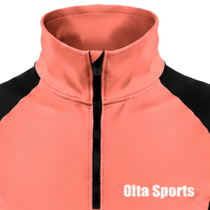 Women Quarter Zip Athletic <b>Top</b> Coral Pink Long Sleeve Fitted Sports Training Shirt High Collar <b>Thumbhole</b> Performance Activewear - Product Image 5