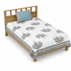 Drap de lit simple en coton Heritage, imprimé à la main motif arbre avec bordure florale et housse de coussin pour la maison et l'hôtel - Product Image 2