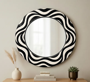 Black White Bone Inlay <b>Mirror</b> | <b>Round</b> Wave Pattern <b>Mirror</b> |Unique Design Bone <b>Mirror</b> - Product Image 1