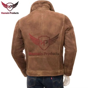 Mens Real Brown <b>Suede</b> <b>Leather</b> <b>Jacket</b> Shearling Aviator Coat Faux Fur Collar Winter Warm Fleece Custom Classic Outerwear - Product Image 5