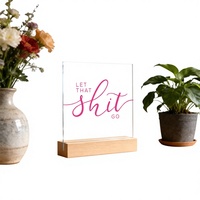 Support de signalétique en acrylique transparent avec base en bois naturel, personnalisable avec logo, pour mariage, événement, restaurant, décoration de table