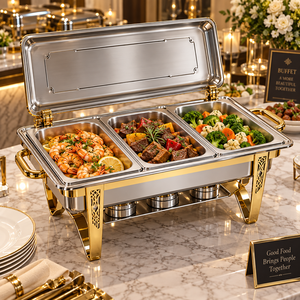 Plat de service rectangulaire de luxe en acier inoxydable à trois compartiments avec finition dorée, chauffe-plat durable et écologique pour buffet - Product Image 3