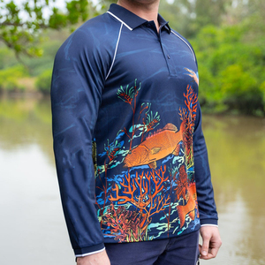 เสื้อโปโลตกปลาแขนยาวสำหรับผู้ชาย ออกแบบตามสั่ง OEM เนื้อผ้าสแปนเด็กซ์โพลีเอสเตอร์ ระบายอากาศได้ดี พร้อมคุณสมบัติกันน้ำ - Product Image 3
