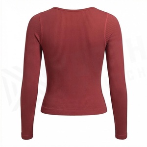 Camiseta de Manga Larga con Cuello Redondo y Textura Acanalada, Color Sólido, Elástica, para Yoga, Mezcla de Algodón y Spandex para Mujer - Product Image 2