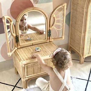 Great quality natural kids vanity rattan make up mirror <b>table</b> toddler play <b>dressing</b> makeup desks - Product Image 1