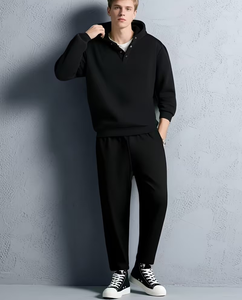 Men's Gray Hooded Sweatshirt Set Solid Color Casual Autumn Wear Polyester/Cotton French Terry Knitted Fabric Breathable 380g - Product Image 3