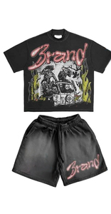 Men Breathable Summer Washed Horror Graphic T-<b>Shirt</b> Shorts Set Oversized Gothic Streetwear <b>Flame</b> Print Vintage Matching - Product Image 2