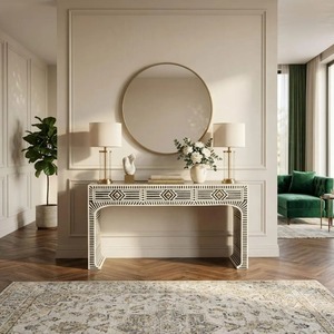 Console Art Déco avec incrustations géométriques pour la décoration d'entrée, mobilier moderne d'intérieur, forme rectangulaire, en bois - Product Image 1