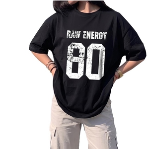 Camiseta Extra Grande para Mujer Raw Energy 80, Cuello Redondo, Manga Corta, Corte Holgado, Jersey de Algodón Negro con Estampado, Estilo Primavera-Verano - Product Image 1