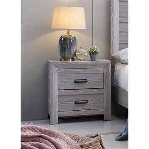 Comodino Contemporaneo in Legno Grigio con Finitura Rustica e Due Cassetti per Camera da Letto - Product Image 1