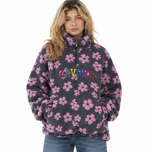 <b>Women</b> Floral Sherpa Pullover <b>Women</b> Half Zip Stand Collar Custom Varsity Embroidery Fluffy <b>Teddy</b> Fleece <b>Hoodies</b> Private Label OEM - Product Image 5