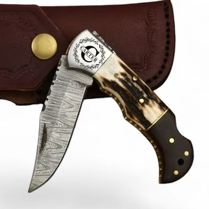 Couteau pliant de luxe en acier Damas, manche en corne de cerf et bois de rose, tactique, de survie, de poche, pliable, EDC, personnalisable OEM/ODM - Product Image 1
