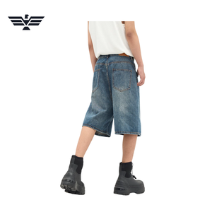 Pantalones cortos de mezclilla de cintura alta para hombre, de pierna ancha, casuales, de verano, de algodón, lavados a la piedra, oscuros, rasgados, transpirables, con cinturón, de punto de 300 g - Product Image 5