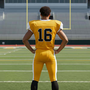 Ensemble d'uniformes de football américain personnalisés, maillot jaune sans manches, pantalon, tissu respirant, ajusté pour adultes, impression sublimée, LOGO - Product Image 4