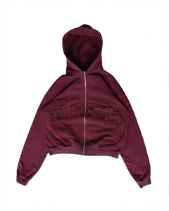 Sudadera con capucha extragrande y cremallera, color granate, con logo en relieve frontal, unisex, para otoño, transpirable, precio al por mayor - Product Image 1