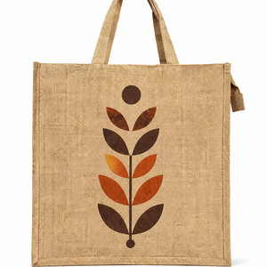 Natural Jute Tote <b>Bag</b> with Leaf Print Eco Friendly <b>Reusable</b> Shopping Office and Daily Use Carry <b>Bag</b> Open Closure - Product Image 1