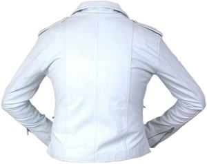 White Sheepskin Leather <b>Jacket</b> <b>Women</b> Moto Biker Zipper Outerwear Windproof Waterproof Regular Fit - Product Image 2