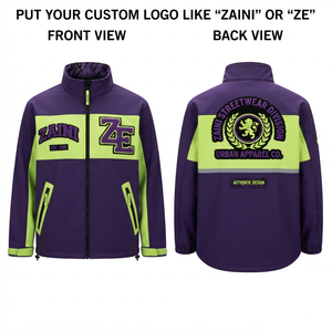 เสื้อแจ็คเก็ตซอฟต์เชลล์พรีเมียม 220 กรัม บุขนแกะด้านหลัง โพลีเอสเตอร์ สีม่วง-เขียวมะนาว ตัดต่อสีแบบบล็อก พิมพ์โลโก้ได้  ลำลอง เป็นมิตรกับสิ่งแวดล้อม - Product Image 1