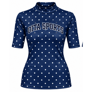 <b>Navy</b> Blue Polka Dot <b>Women</b> Mock Neck Short Sleeve T Shirt Slim Fit Stretch Printed Casual <b>Top</b> Fashion Summer Clothing Wholesale C - Product Image 1