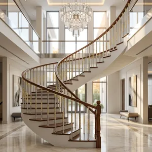 Rampe d'escalier incurvée de luxe avec main courante en bois, accents dorés et balustres en acier pour une conception intérieure élégante - Product Image 1
