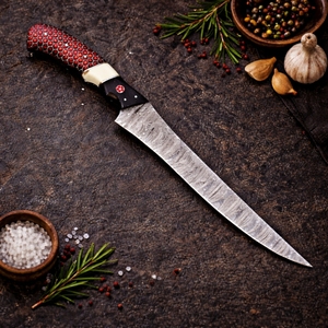 Cuchillo de filetear pescado de acero de Damasco hecho a mano, mango estilo nido de abeja de resina, diseño moderno, hoja de 8 pulgadas, ambidiestro, funda de cuero - Product Image 2