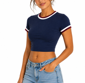 Women's <b>Navy</b> Blue Crop <b>Top</b> T-Shirt With White And Maroon Trim Crew Neck Short Sleeve Solid Color Casual Fit Summer Wear - Product Image 3