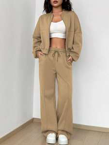 Conjunto Deportivo de Dos Piezas para Mujer, Color Beige, con Cremallera, Capucha, Forro Polar Ecológico, Chaqueta Informal y Pantalones Jogger con Cordón, Suave para Usar - Product Image 5