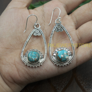Pendientes Colgantes Hechos a Mano con Turquesa Azul y Cobre, Plata de Ley 925, Estilo Vintage, Joyería Boho para Mujer - Product Image 4