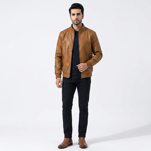 Nueva Chaqueta de Motociclista de Cuero para Hombre, Cuello Alto, Cierre de Cremallera, Transpirable y Cálida para Otoño e Invierno, con Piel de Vaca - Product Image 1