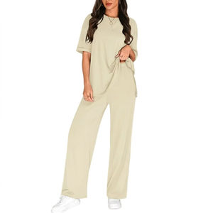 Women's Casual <b>White</b> Cotton Cord <b>2</b>-<b>Piece</b> Long <b>Set</b> for Spring/Summer Sleepwear Nightwear Comfortable Stylish Design Multiple - Product Image 1
