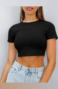 Camiseta corta ajustada para mujer, manga corta, cuello redondo, tela transpirable de secado rápido, moderna, informal y a la moda. - Product Image 4