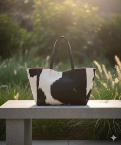 Cowhide <b>Tote</b> <b>Bag</b> Women's Fashion Shoulder <b>Bag</b> Black <b>White</b> Pattern Large Capacity Daily Use All Seasons - Product Image 3