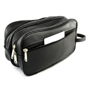 Royal Leather Works High Quality Black Leather Toiletry Bag Dual Zipper Compartments Front Pocket for Winter Outdoor Sports Use - Product Image 1