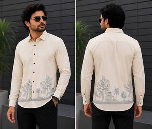 Chemise pour homme en lin de qualité supérieure, brodée, à manches longues, coupe classique, col ouvert, fermeture boutonnée, élégante, décontractée, vêtement de mode - Product Image 4