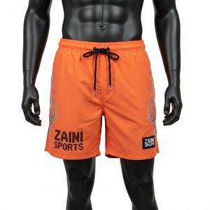 Pantalones cortos premium de nailon de secado rápido de 220 GSM para hombre, color naranja brillante, con logotipo de diamantes de imitación termotransferibles y parche personalizado. - Product Image 6