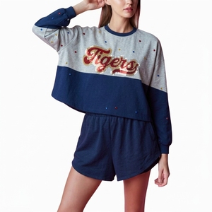 Conjunto de 2 Piezas para Mujer, Shorts con Lentejuelas y Sudadera de Manga Larga con Cuello Redondo, Bordado de Letras, Holgado, Casual, Forro Térmico, 100% Algodón - Product Image 1