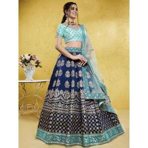 Lehenga Choli de demoiselle d'honneur en soie brodée bleue glamour avec Dupatta - Product Image 4