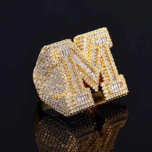 <b>Gold</b> Plated Letter M <b>Cocktail</b> <b>Ring</b> With Cubic Zirconia Micro Pave Setting For Party Glam Jewelry Unisex Available for Best Price - Product Image 1
