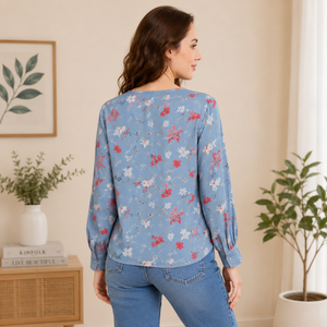 Robe en satin à imprimé floral bleu de qualité supérieure pour femmes, col en V, manches bouffantes, coupe ample décontractée, printemps-été - Product Image 5