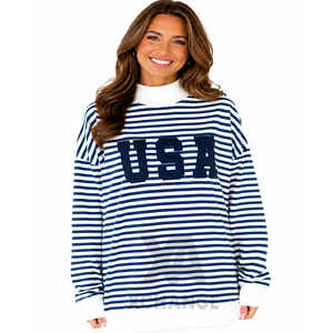 Sudadera de punto de manga corta con cuello alto y rayas bordadas para mujer, estilo náutico, con estampado de letras USA, corta - Product Image 3