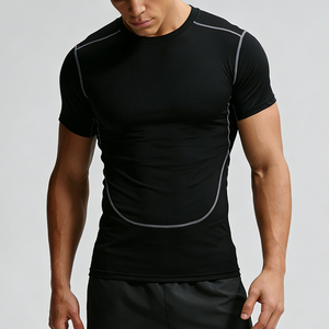 T-shirt sportif pour homme, noir, manches courtes, séchage rapide, coupe classique, col rond, tricoté, 100% coton, logo sur le devant, haute extensibilité, vêtements de sport - Product Image 1