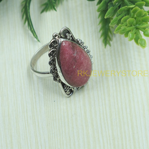 Natural Pink Rhodonite Gemstone 925 Sterling <b>Silver</b> Handmade <b>Ring</b> Vintage Floral Bezel <b>Set</b> Statement Jewelry Women <b>Ring</b> for her - Product Image 2