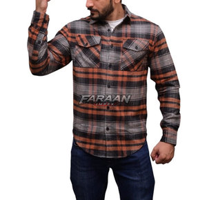 Custom <b>Mens</b> Heavyweight <b>Flannel</b> <b>Overshirt</b> Rust Grey Tartan Check Zip Up Work Shirt with Dual Chest Pockets for Outdoor Wear - Product Image 3